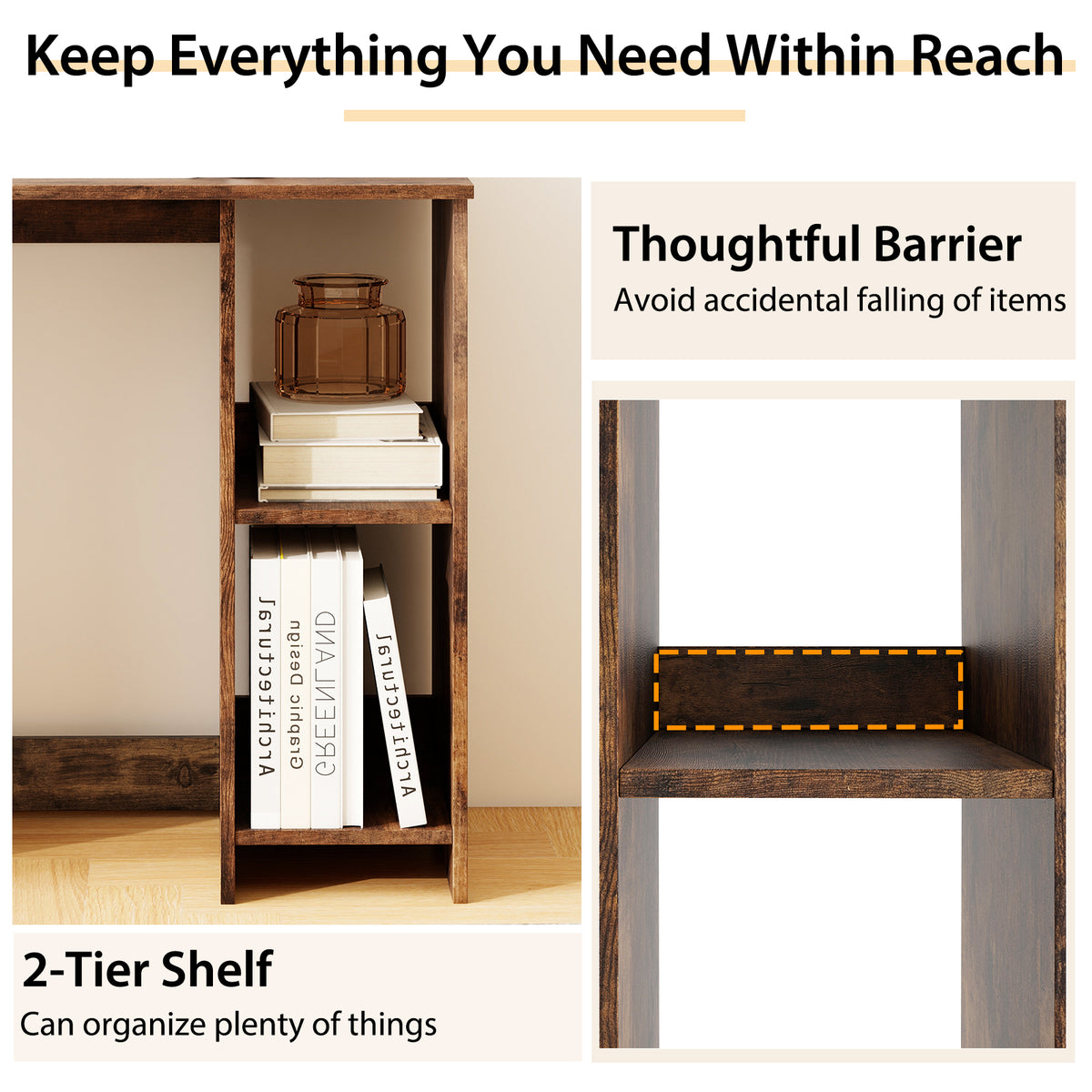 Close up of the shelving unit on the home office desk showing a barrier and capacity