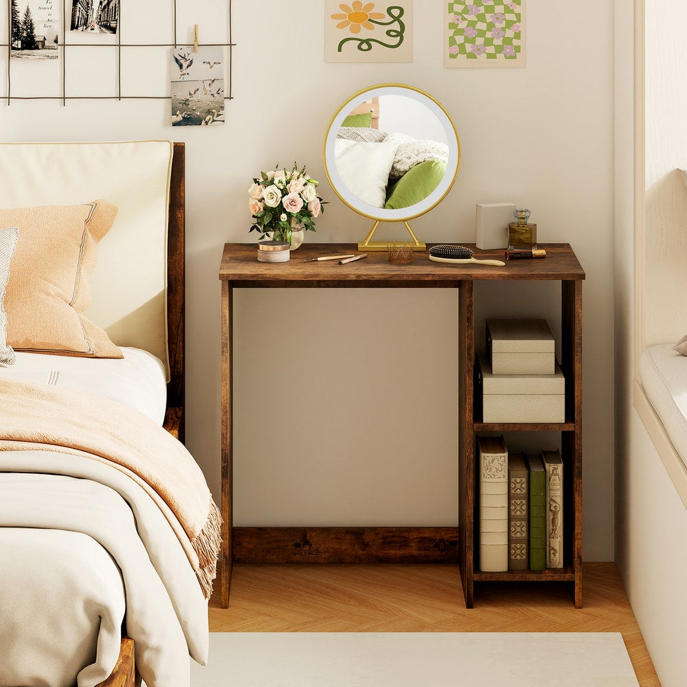 The home office desk is styled as a dressing table with a mirror and flowers