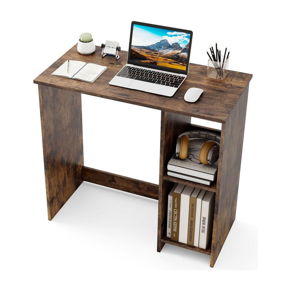 31.5 Inch Home Office Desk for Small Space with a laptop, mouse, notebook and pens on top and shelves below