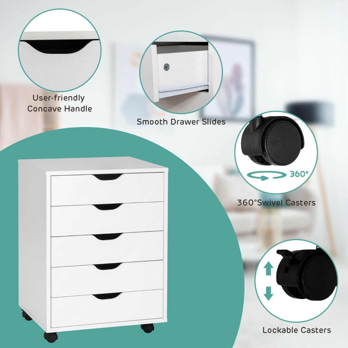 5 Drawer Chest with Wheels for Home and Office-White