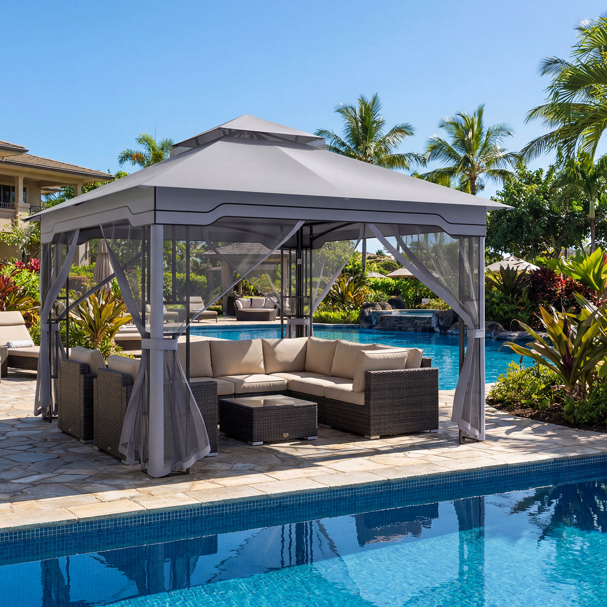 330 X 330 CM Double Roof Soft Top Patio Gazebo with Zippered Mesh Netting-Gray