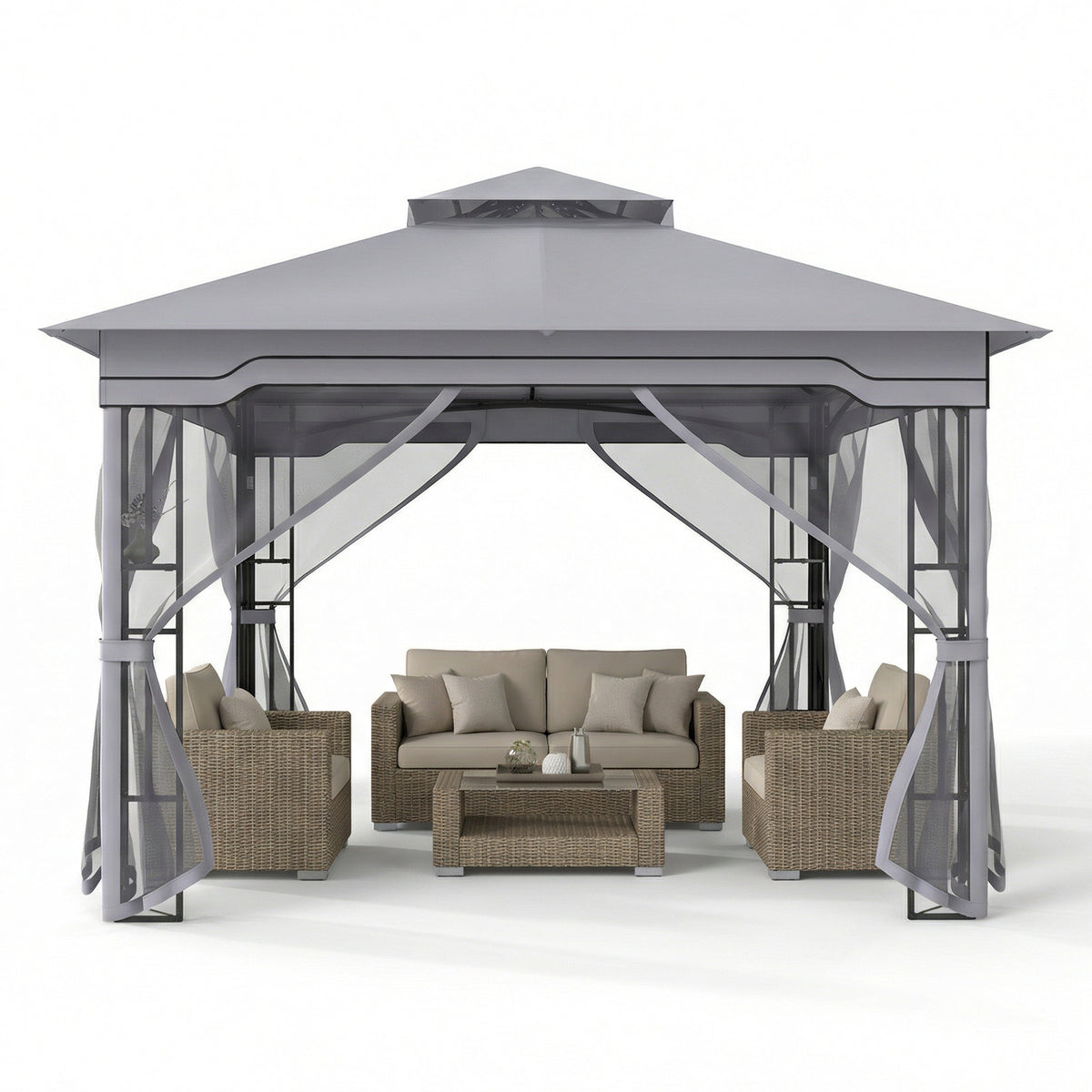 330 X 330 CM Double Roof Soft Top Patio Gazebo with Zippered Mesh Netting-Gray