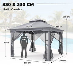 330 X 330 CM Double Roof Soft Top Patio Gazebo with Zippered Mesh Netting-Gray