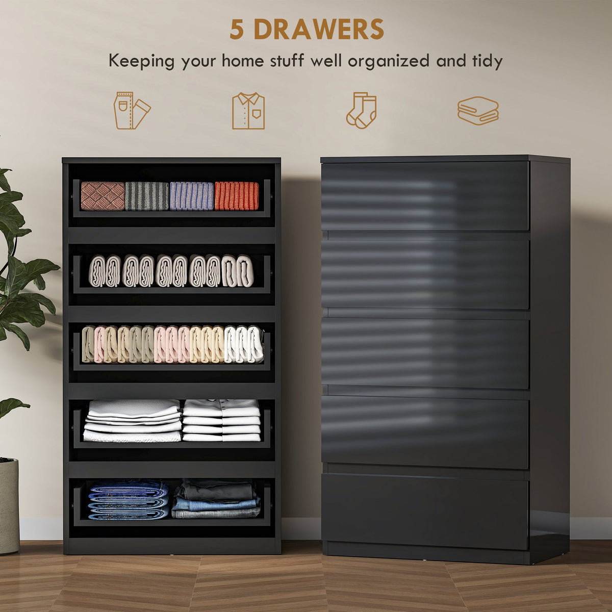 HOMCOM Chest of Drawers, 5-Drawer Storage Cabinets, Modern Dresser, Storage Drawer Unit for Bedroom