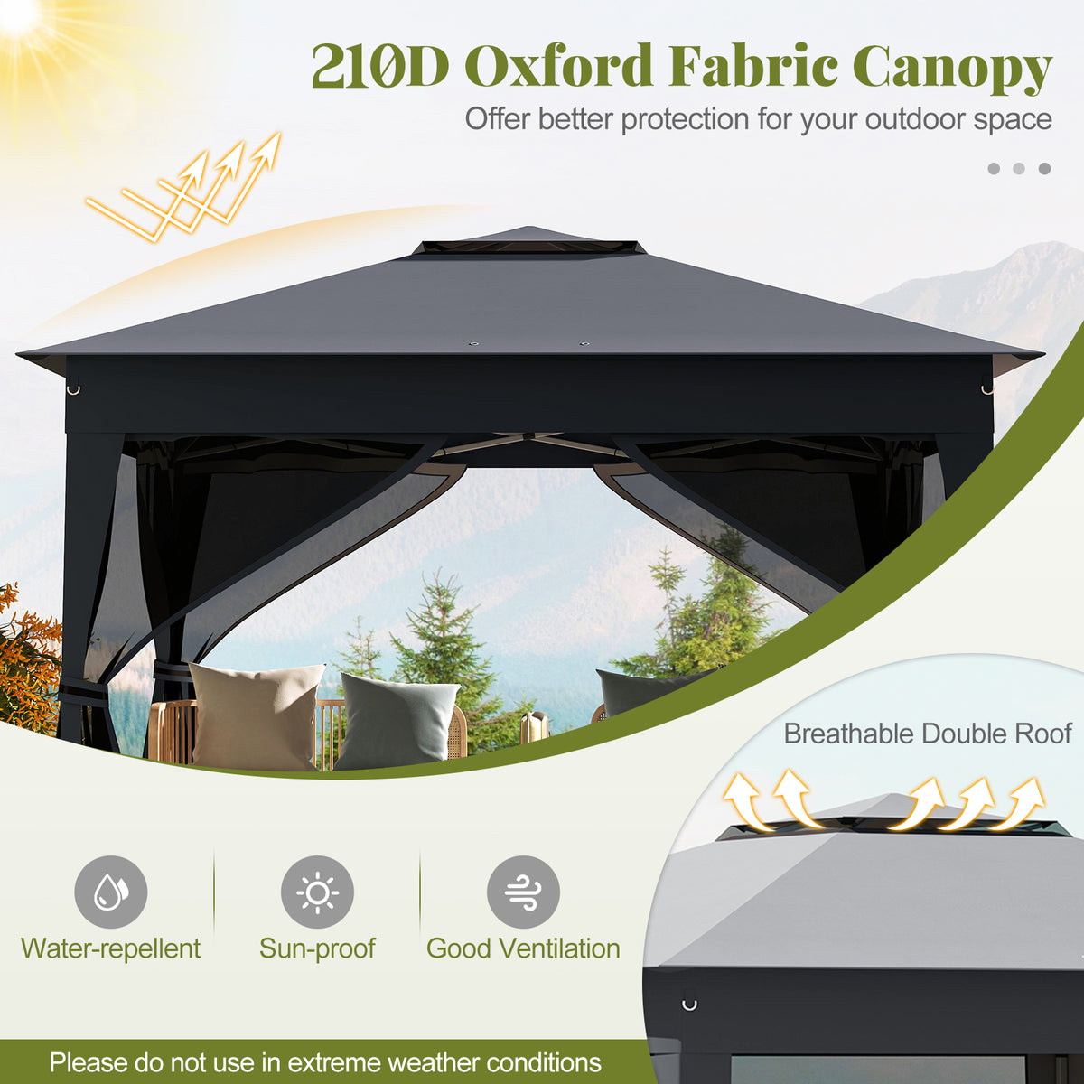 338 x 338 CM Pop Up Gazebo with Mesh Netting and Double Roof-Grey