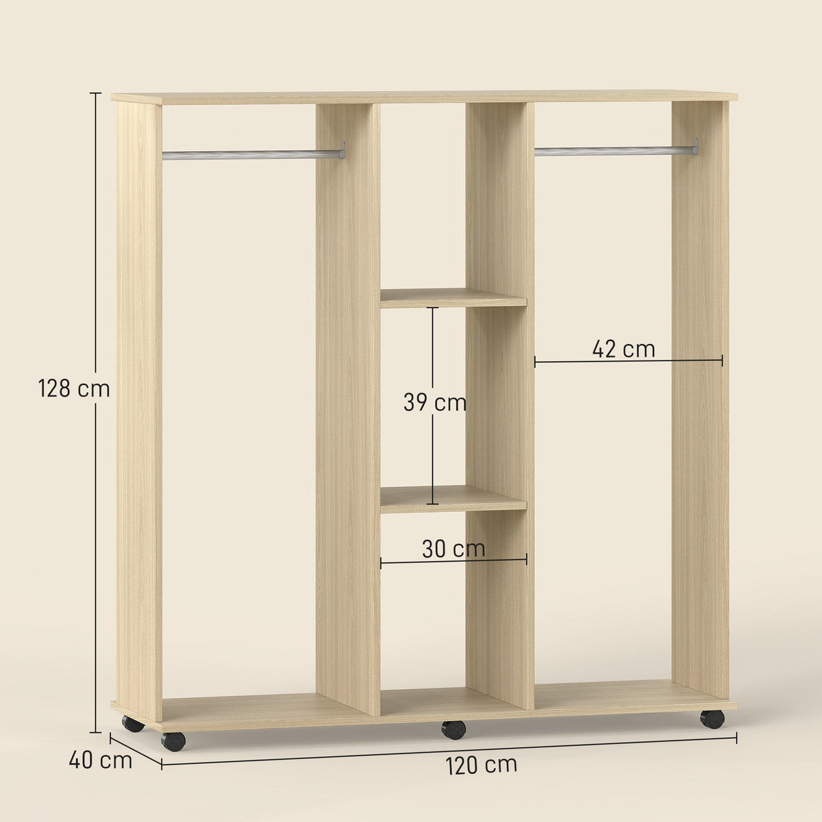 HOMCOM Open Wardrobe Double Mobile Storage Shelves Organizer W/6 Wheels-Natural