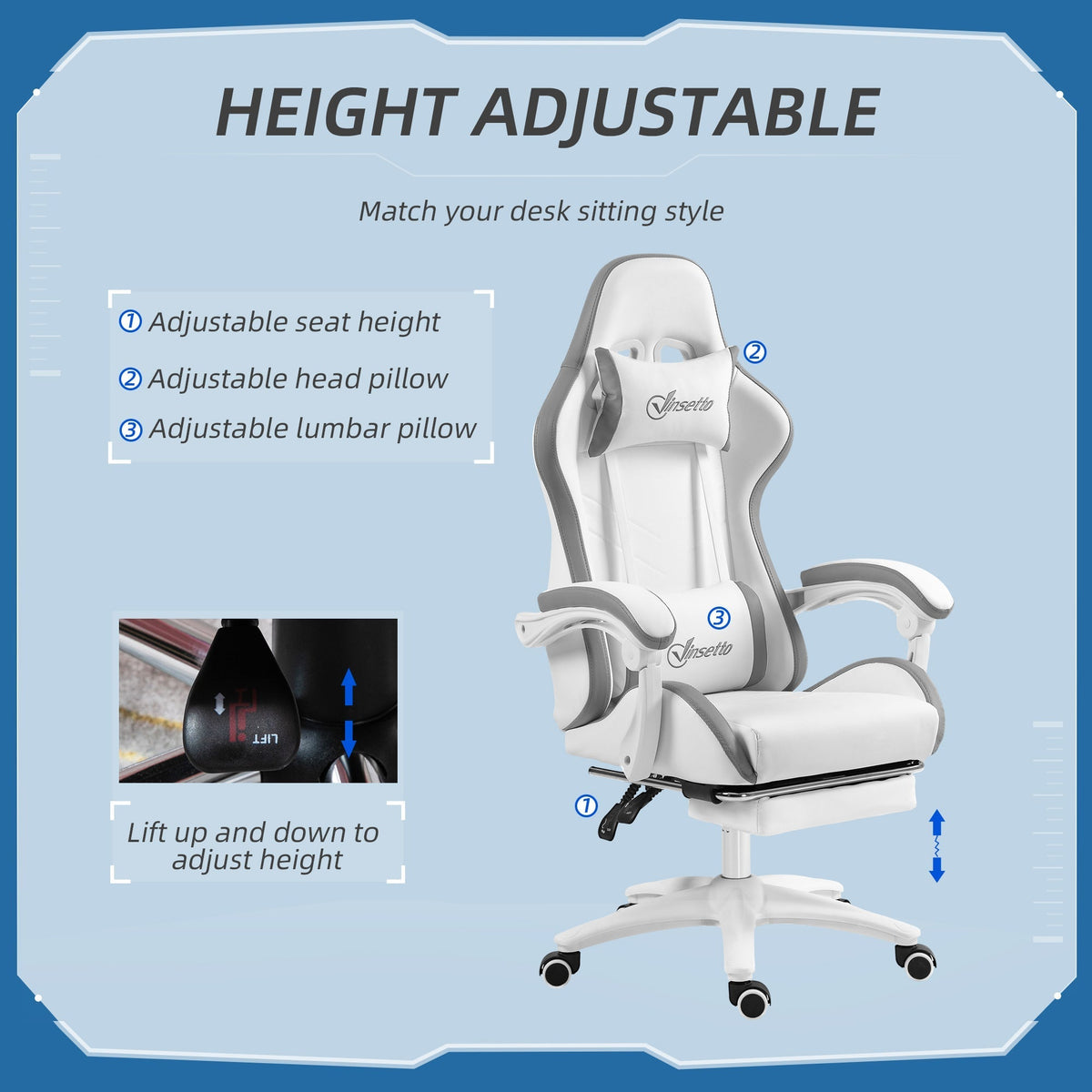 Vinsetto Computer Gaming Chair, PU Leather Desk Chair with Footrest, Swivel Task Chair with 135 Reclining Back and Lumbar Support, PC Chair for Adults, White and Grey