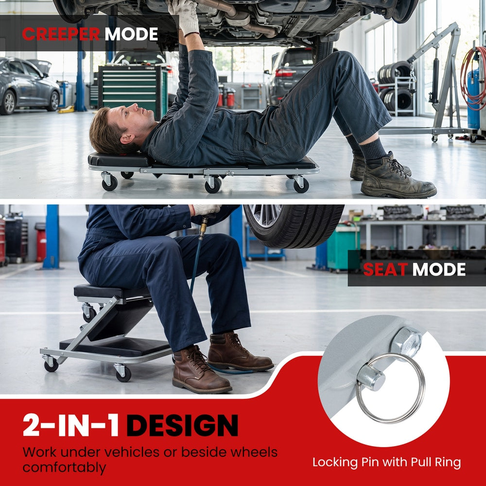 The mechanic creeper and seat shown in both creeper and seat modes with text highlighting the 2-in-1 design