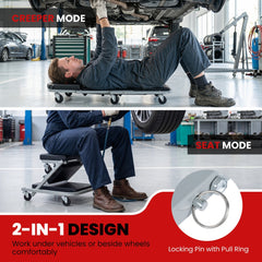 The mechanic creeper and seat shown in both creeper and seat modes with text highlighting the 2-in-1 design