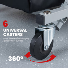 A close-up of one swivel caster wheel on the garage equipment with a red rotation arrow