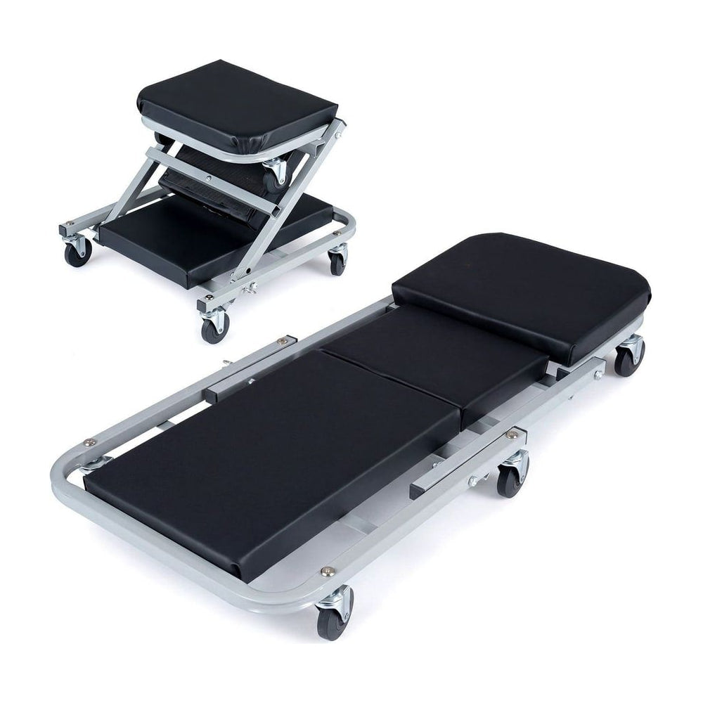36" 2-in-1 Mechanic Creeper & Z-Seat shown in both its folded seat and extended flat positions