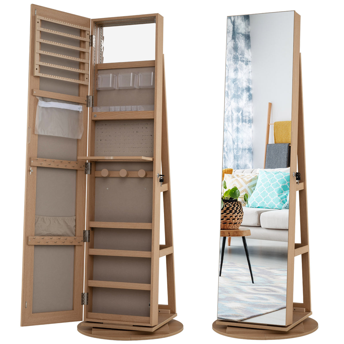 360-Degree Mirrored Jewelry Armoire with 3-Color Auto-on LED Lights-Wood