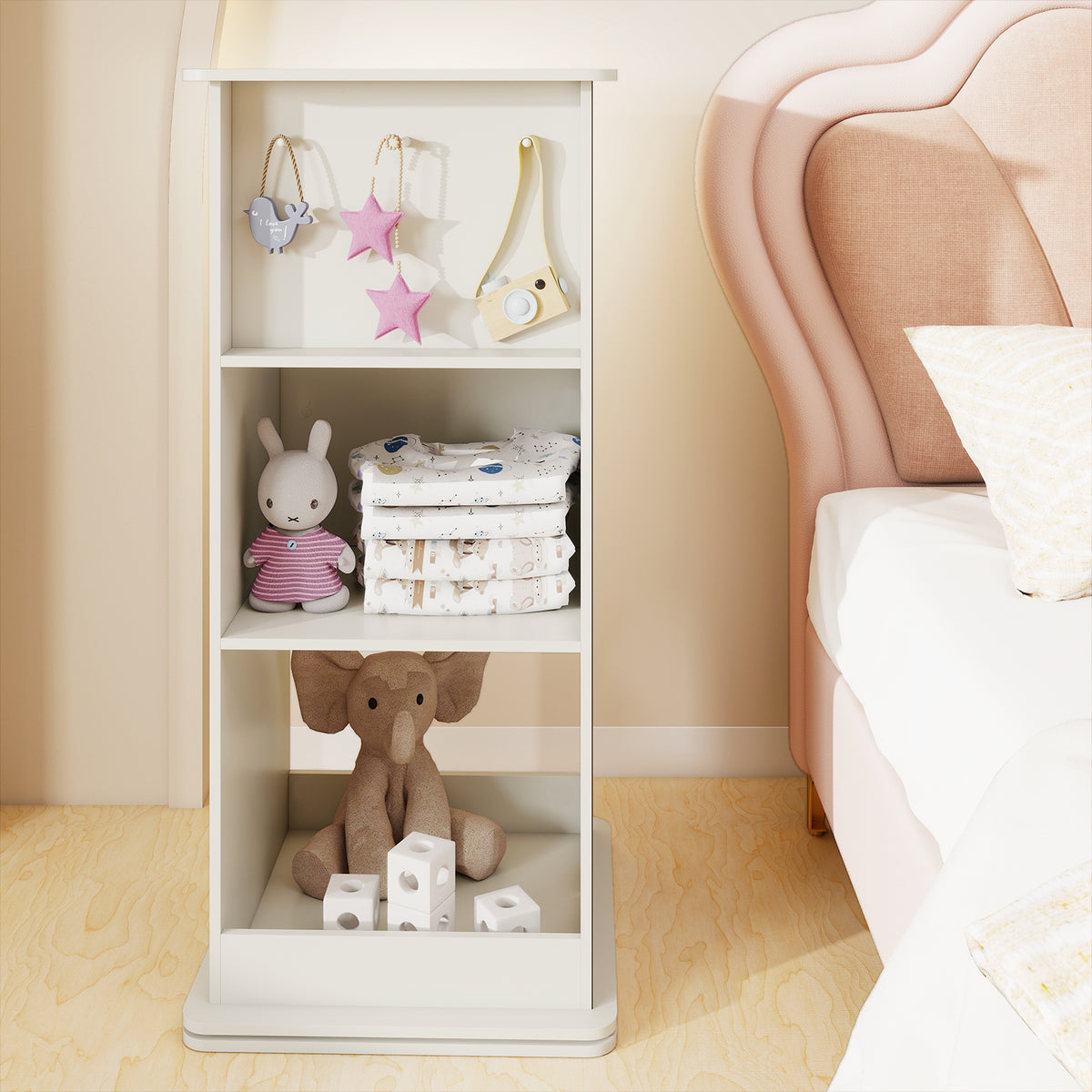 360° Spinning Corner Bookcase with Chalkboard and Open Compartments-White