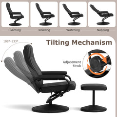 360° Swivel Reclining Chair with Ottoman and Adjustable Backrest-Black