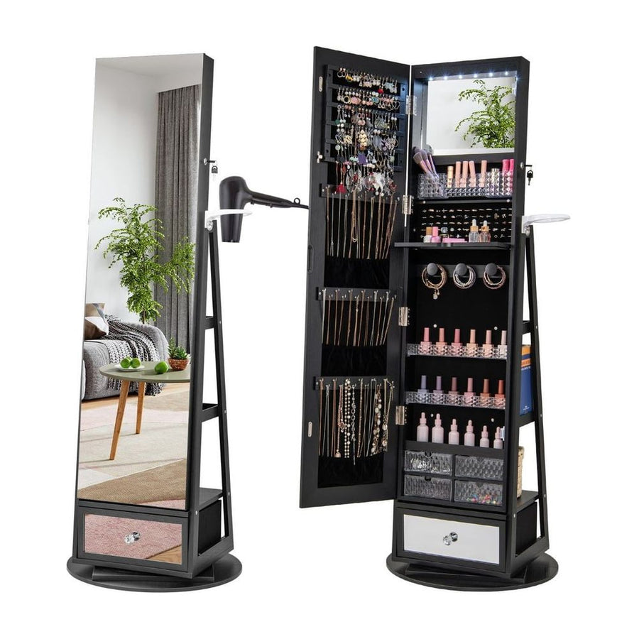 360° Swivel Lockable Jewelry Armoire Cabinet with Full-Length Mirror-Black