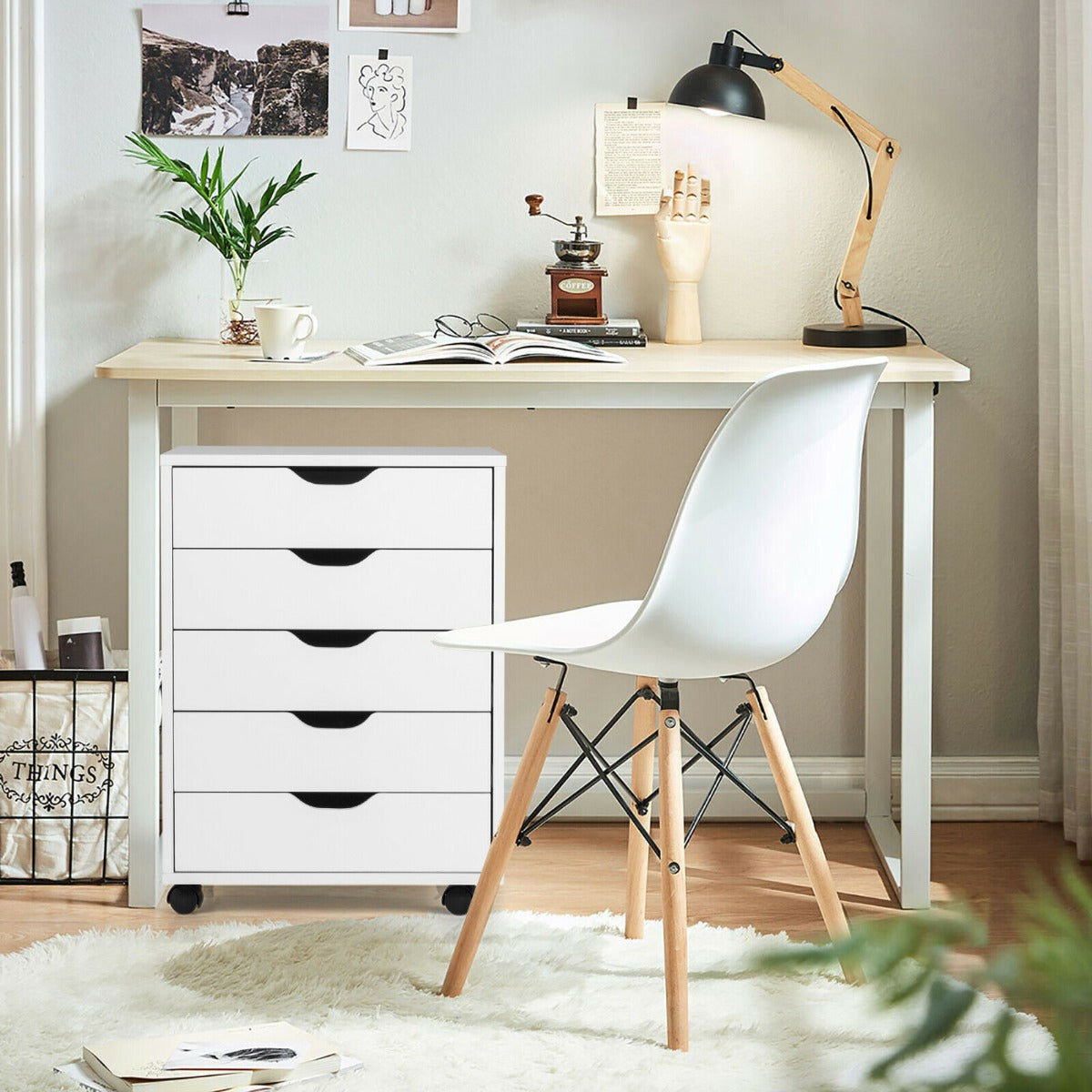 5 Drawer Chest with Wheels for Home and Office-White