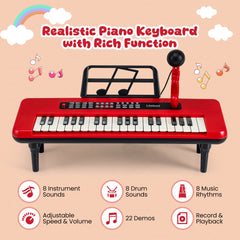 37 Keys Kids Portable Piano Keyboard with Microphone and Music Stand-Red