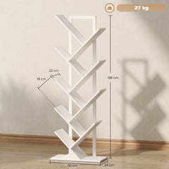 HOMCOM 9-Tier Tree Bookshelf, Industrial Free Standing Bookcase with Steel Frame, Display Storage White
