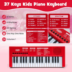 Information about the 37 key kids electric piano keyboard's tones, rhythms, and demos