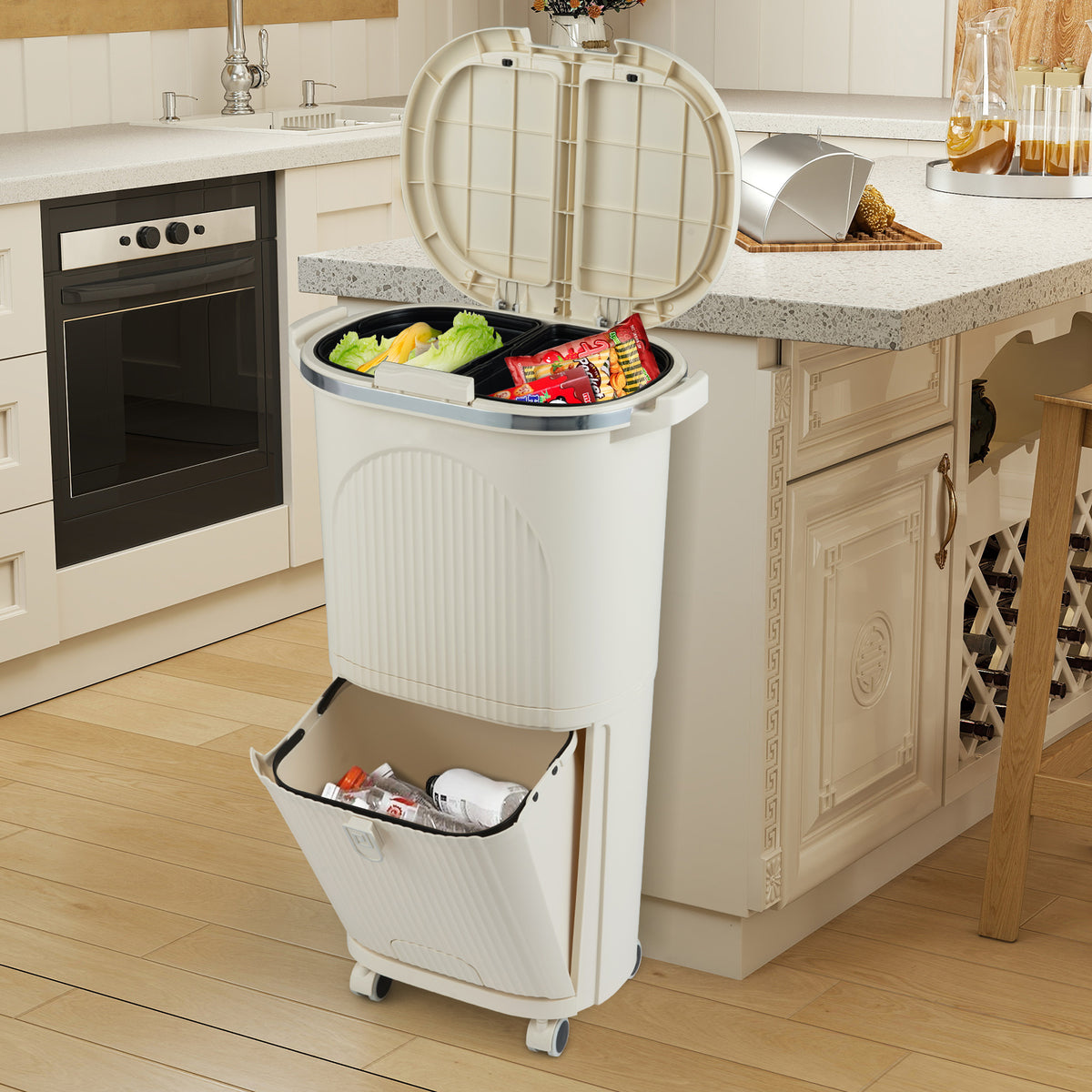 38L Kitchen Trash Can Sorting Garbage Bin with Lids 2 Detachable Buckets-Beige