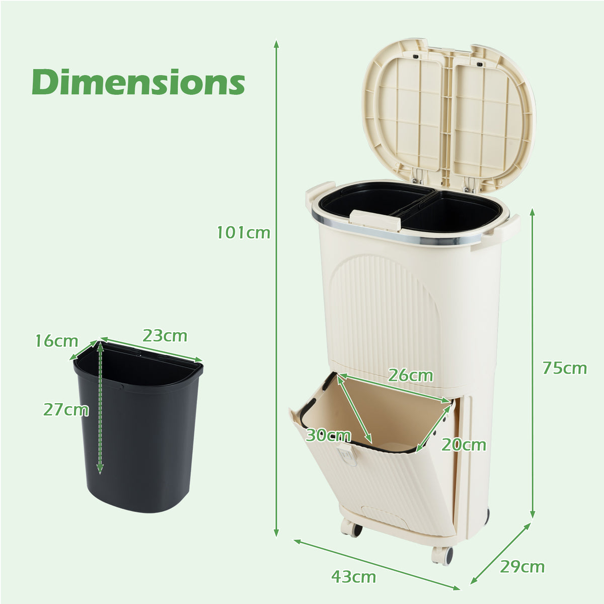 38L Kitchen Trash Can Sorting Garbage Bin with Lids 2 Detachable Buckets-Beige