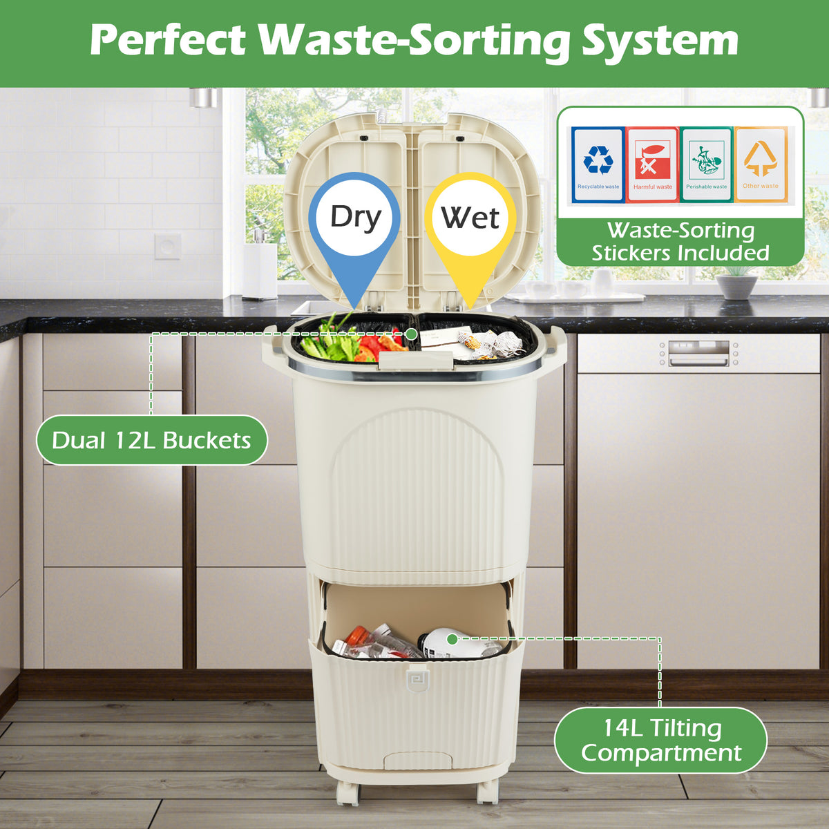 38L Kitchen Trash Can Sorting Garbage Bin with Lids 2 Detachable Buckets-Beige