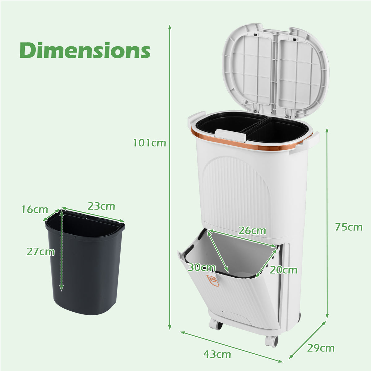 38L Kitchen Trash Can Sorting Garbage Bin with Lids 2 Detachable Buckets-White