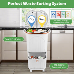 38L Kitchen Trash Can Sorting Garbage Bin with Lids 2 Detachable Buckets-White