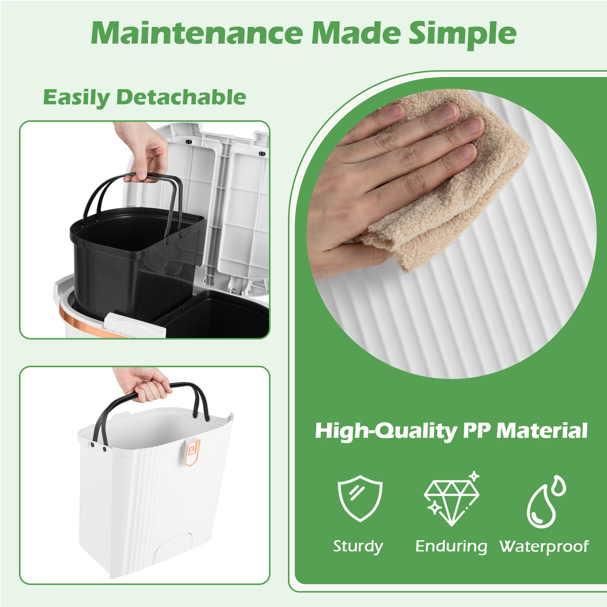 38L Kitchen Trash Can Sorting Garbage Bin with Lids 2 Detachable Buckets-White