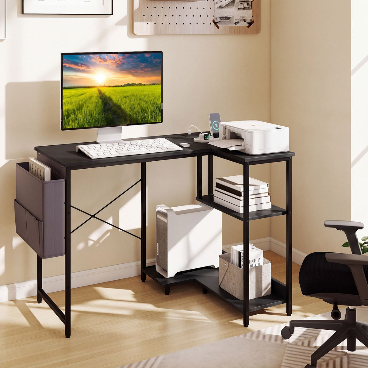 39.5" L-Shaped Computer Desk with Integrated Charging Hub in Black, image 3