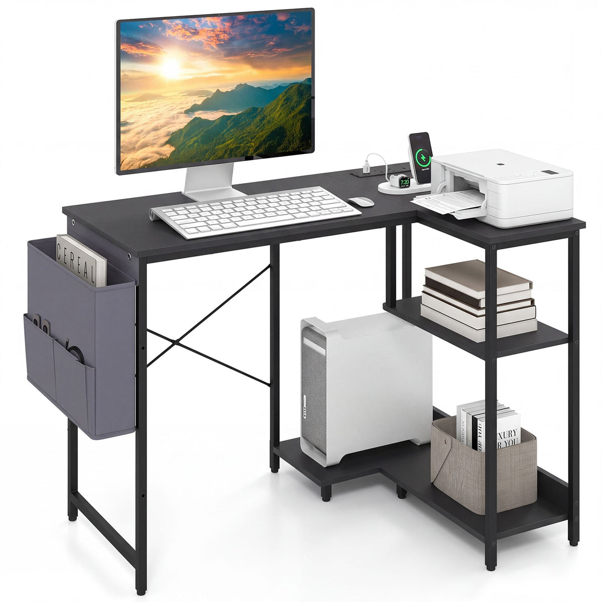 39.5" L-Shaped Computer Desk with Integrated Charging Hub in Black, image 4