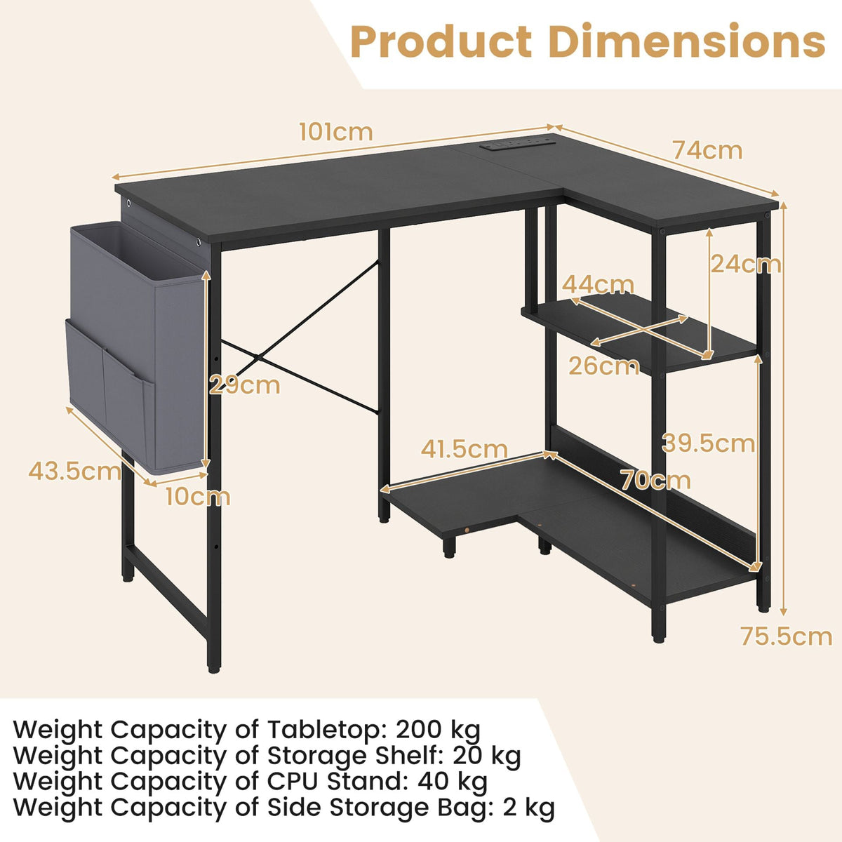 39.5" L-Shaped Computer Desk with Integrated Charging Hub in Black, image 5
