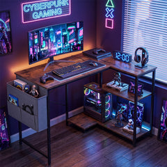39.5" L-Shaped Computer Desk with Integrated Charging Hub in Rustic Brown, image 3