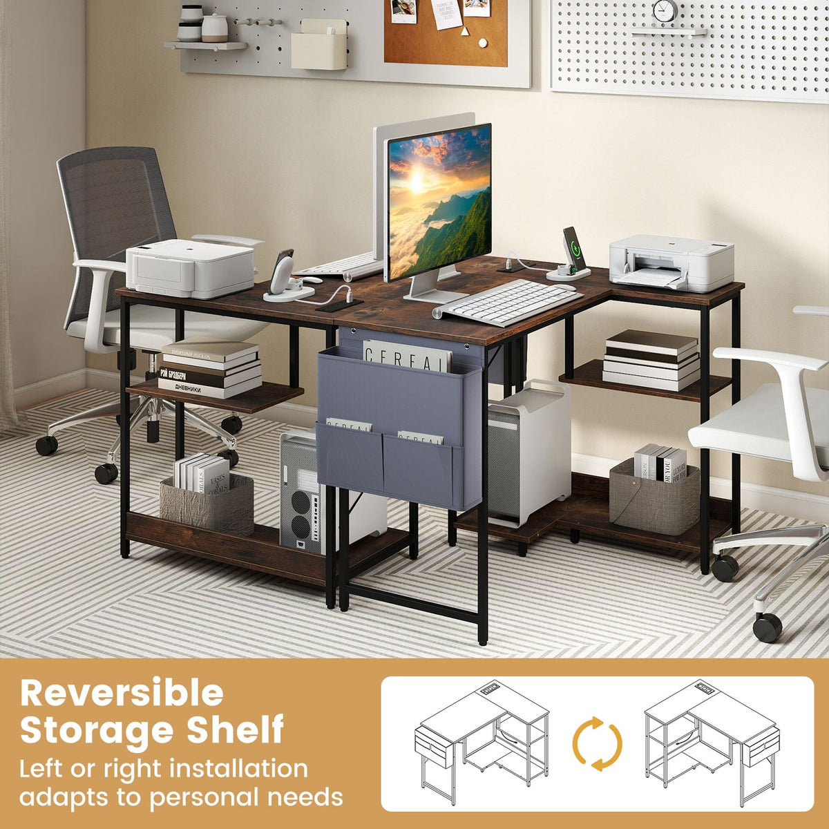 39.5" L-Shaped Computer Desk with Integrated Charging Hub in Rustic Brown, image 6