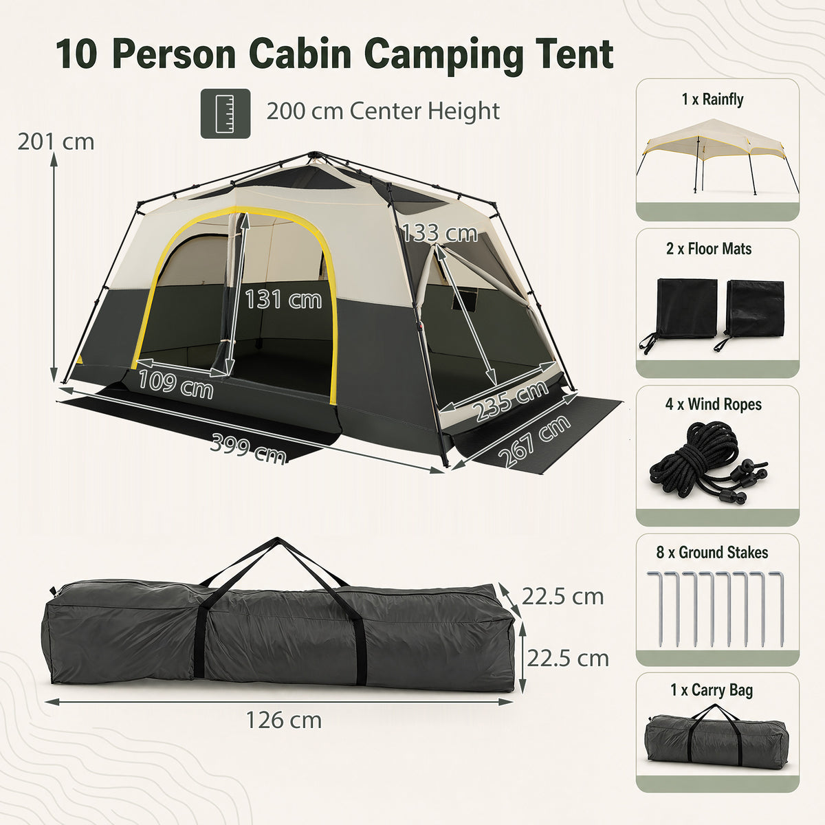 399 x 267 cm 10 Person Instant Cabin Camping Tent with Rainfly-Beige