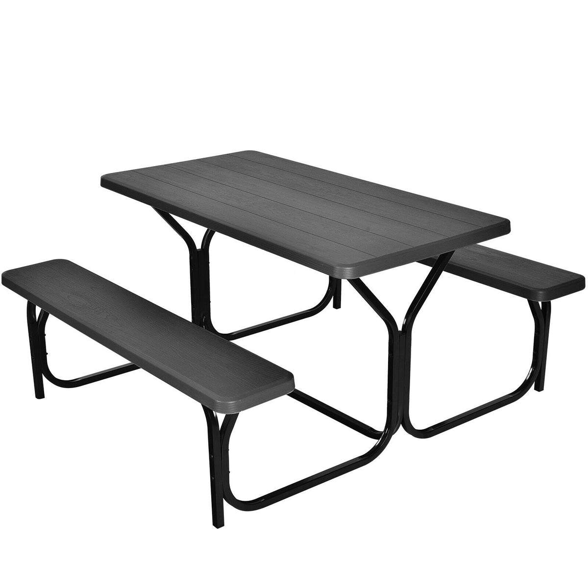 Picnic Table Bench Set with Metal Base Wood for Outdoor-Black
