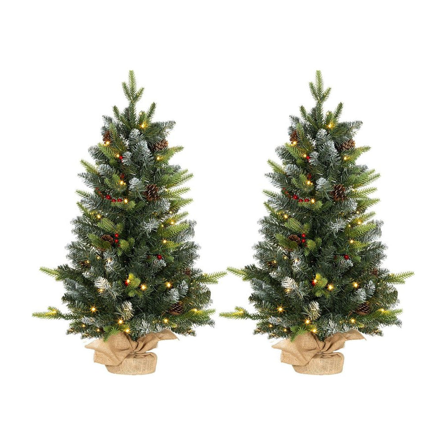 HOMCOM Set of Two 3ft Christmas Trees, with Lights, Berries and Pinecones
