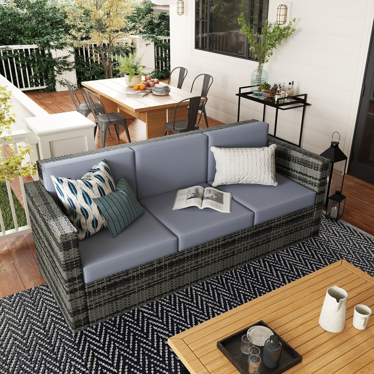 Outsunny 3 Seater All Weather Outdoor Sofa, Garden Rattan Sofa with Cushions and Mental Frame, Grey