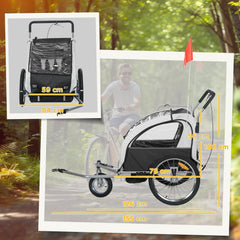 HOMCOM 2 Seat Bike Trailer with 5 Point Harness, Baby Bike Stroller with Safety Flag, Reflectors, for 18+ Months, Black