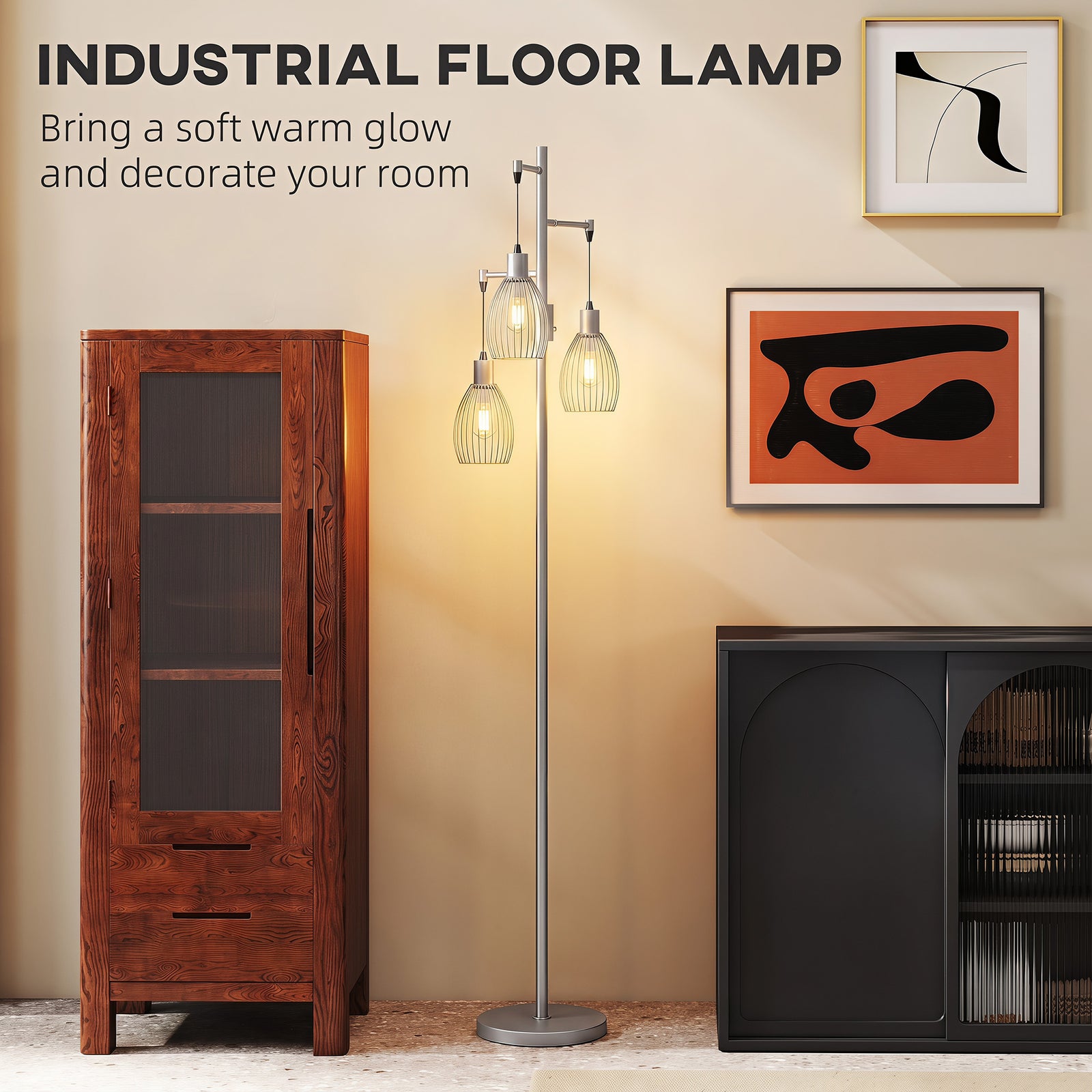 HOMCOM 170.5cm Industrial Dimmable Standing Lamp, 3-Light Floor Lamp with Steel Wire Cage Lampshades, Silver Tone
