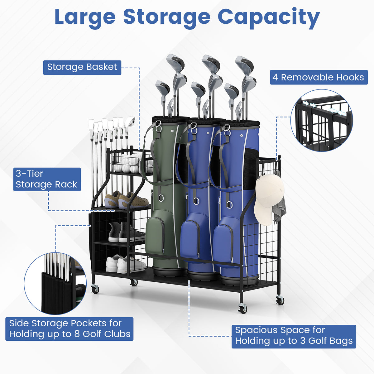 3 Golf Bag Stand for Clubs with Lockable Wheels and Removable Hooks-Black