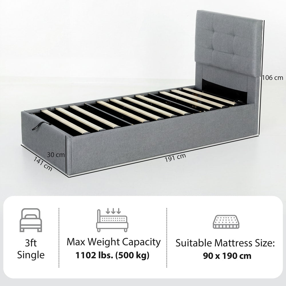 The single ottoman bed with dimensions and mattress size shown