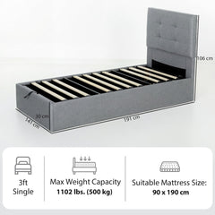 The single ottoman bed with dimensions and mattress size shown