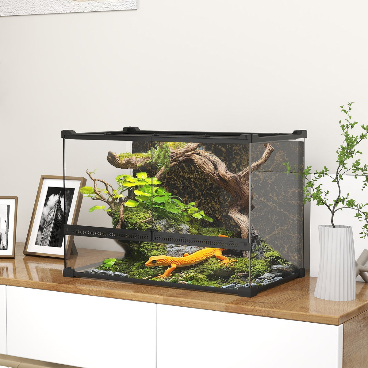 PawHut Reptile Glass Terrarium with Stone Background, Front Ventilation, Escape-Proof Knob Lock, 50 x 30 x 35 cm, Black