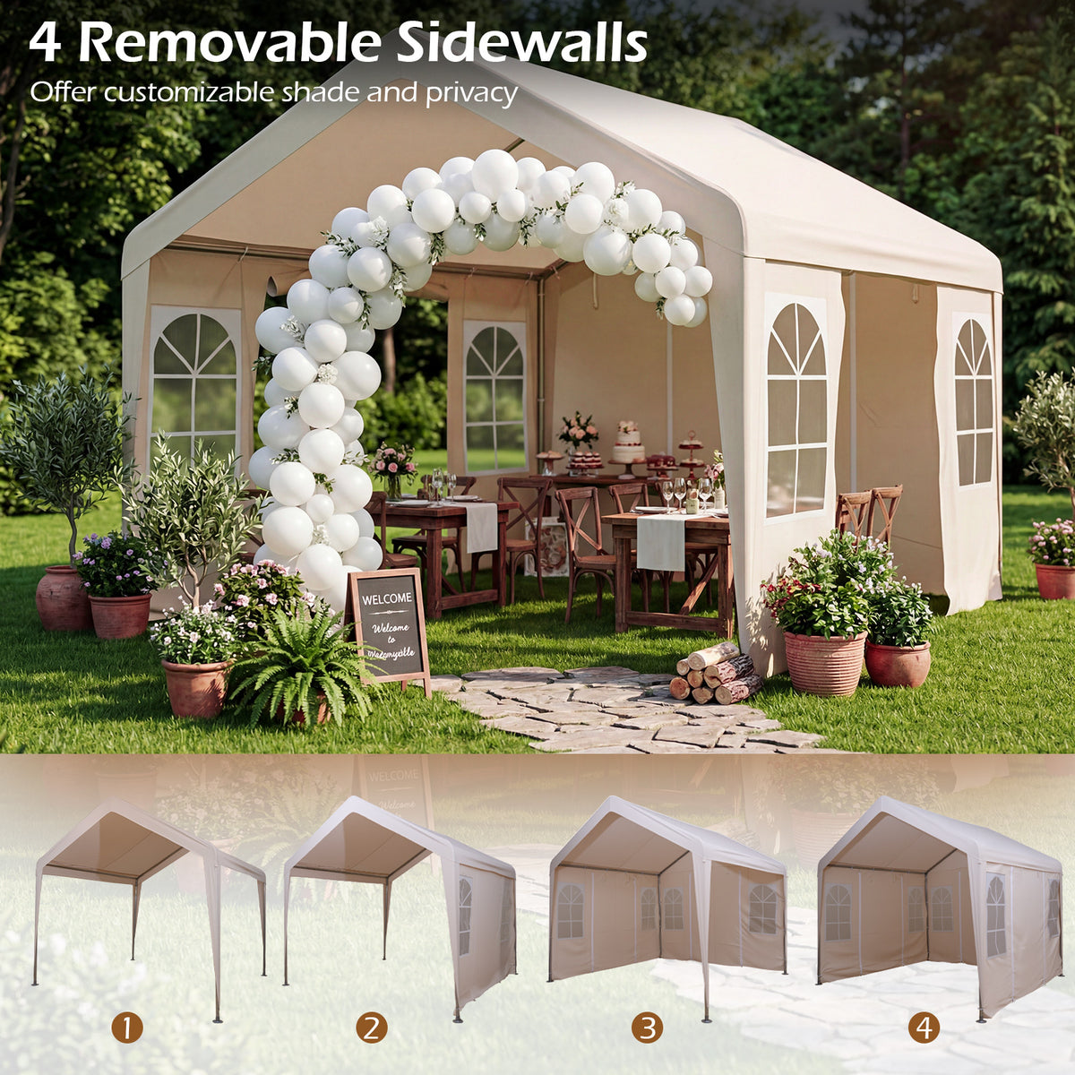 3M x 3M Outdoor Heavy-duty Canopy Tent with 4 Removable Sidewalls and Windows-Beige