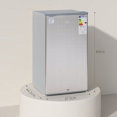 Grey under-counter fridge on a plinth with dimensions shown