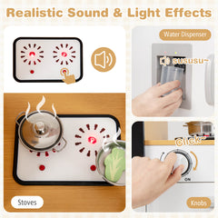 3-Piece Kids Play Kitchen Set with Realistic Sounds Lights and Blackboard-Natural