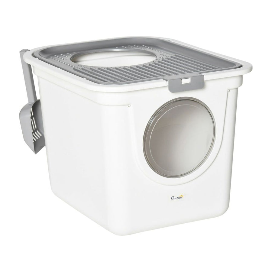 PawHut Cat Litter Box, Pet Toilet, Enclosed Kitten Pan with Front Entrance Top Exit, High Side, Scoop, White