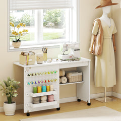 HOMCOM Folding Sewing Table, Rolling Craft Table with Storage compartments, Shelf and Lockable Casters for Small Spaces, White