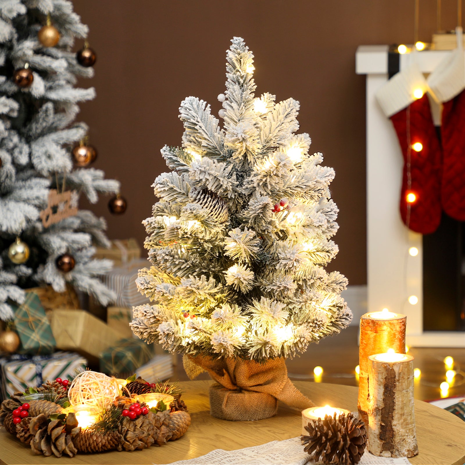 HOMCOM 60 cm Prelit Small Christmas Tree with 35 LED Lights, Snow Flocked Tabletop Mini Xmas Tree with 72 Dense Branches, Pine Cones, Berry Clusters and Linen Cover Base, Battery Operated, Green